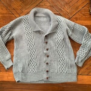 Hand Knit Handmade Light Blue Cable Knit Collared Fisherman Cardigan Sweater
